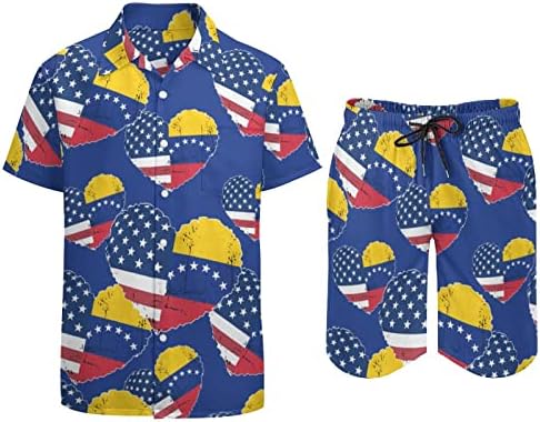Venezuela ארהב דגל דגל לב גברים 2 חלקים תלבושות חוף כפתור הוואי למטה חולצה עם שרוול קצר וחליפות מכנסיים קצרים