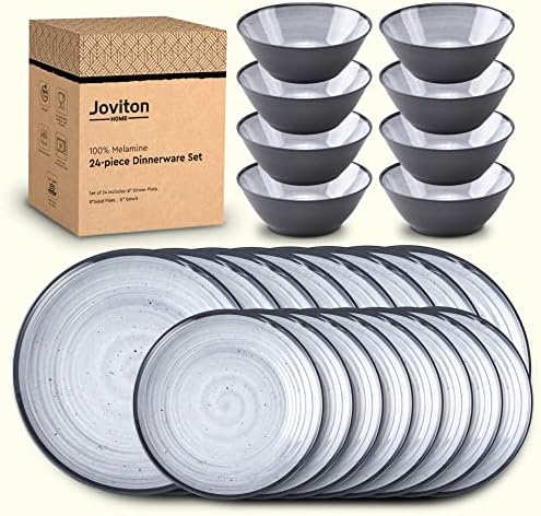 ג ' וביטון בית 24-חתיכה מערבולת אפור מלמין פלסטיק כלי אוכל סטים עבור 8, צלחות וקערות סטים