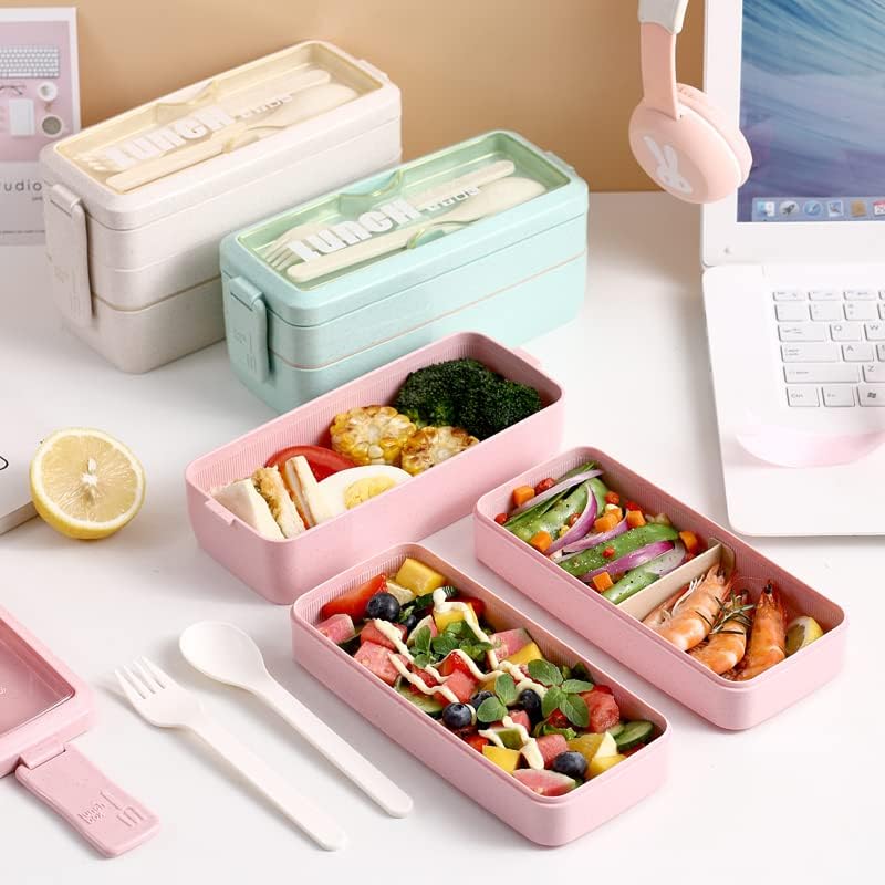 Sudreman Bento Bento Boxa ערכת קופסאות ארוחת צהריים יפניות עם כף ומזלג, תא 3 ב -1 -מכולות הכנה של ארוחות קש