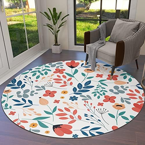 שטיח שטח עגול גדול לחדר שינה בסלון, שטיחים ללא החלקה 6ft לחדר ילדים, פסחא קפיץ פרחים אדומים עלים ירוקים עלים