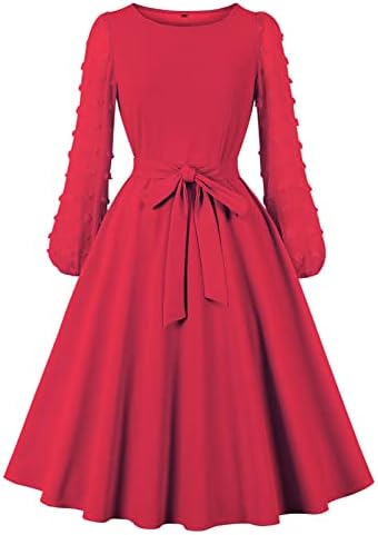נשים בציר שמלת 1950 רטרו רוקבילי נסיכת קוספליי שמלה ארוך שרוול עגול צוואר מוצק אודרי הפבורן שמלה