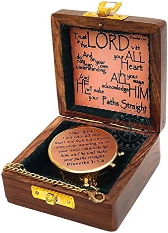 סמוך על האדון בכל ליבך - פתגם 3: 5-6 ציטוט מצפן פליז עם מארז עור מוטבע, מצפן קמפינג עם קופסת עץ, מצפן חרוט, מתנות של מתנות דתיות