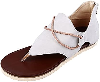 סנדלים מזדמנים של Toeava לנשים, סנדלים שטוחים בוהו אופנה סנדלי חוף קיץ מוצקים קישוט תחרה רוכסן נעליים רומיות