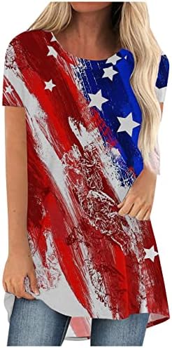 Pimoxv נשים 4 ביולי צמרות טוניקה ארוכות לחותלות, חולצת טיז זורמת חולצה נמוכה חולצת טריקו דגל אמריקאי דגל מודפס טי