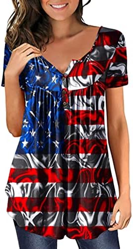 4 ביולי יולי טוניקת דגל אמריקאית צמרות לנשים בטן מסתתרת חולצה קיץ לחג מזדמן כפתור שרוול קצר למעלה V חולצות צוואר