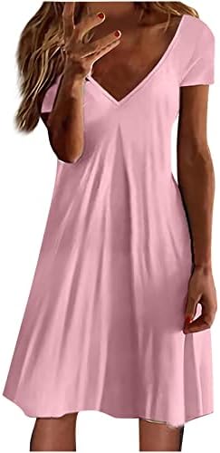 שמלות חולצת טריקו של שרוול קצר של Fzylqy לנשים 2023 שמלת קז'ון קז'ון V צוואר מיני שמלת בוהמי פרוסה של שמלת נדנדה קו