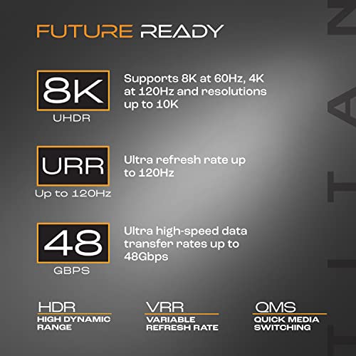 Titan 8k HDMI 2.1 כבל, כבל קלוע 6 רגל, רצועת אור LED ענבר, כבל מהיר במיוחד עם HDR, VRR & QMS, 48 GBPS, שחור, 60866