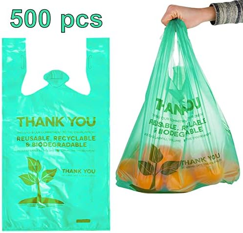 חבילה של 500 תיקים מתכלים עם ידיות שקיות חולצת טריקו תודה לך שקיות קניות פלסטיק מתכלות שקיות ירוקות ידידותיות
