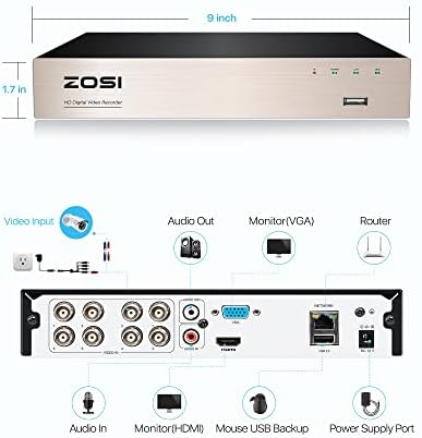 מערכת מצלמות אבטחה ביתיות של Zosi 8CH 1080P עם כונן קשיח 2TB, H.265+ 8 ערוץ 5MP Lite CCTV DVR ו- X1080P מצלמות