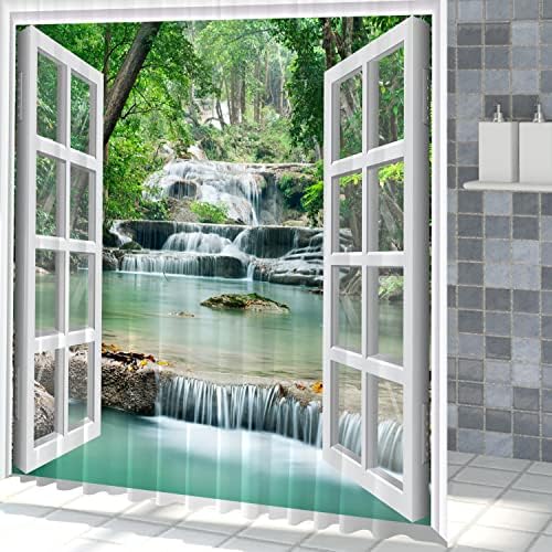 Renaiss 72x72 אינץ 'נוף מפל וילון מקלחת וילון חלון לבן עצי יער עצי אגם זרימת נהר טבע וילון מקלחת נוף לעיצוב אמבטיה