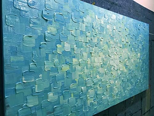 אמנות השראה, 24 על 48 אינץ 'מודרני מופשט 3 ד' מרקם סריג מצויר ביד יצירות אמנות שיפוע כחול ציורי שמן בד קיר אמנות סלון