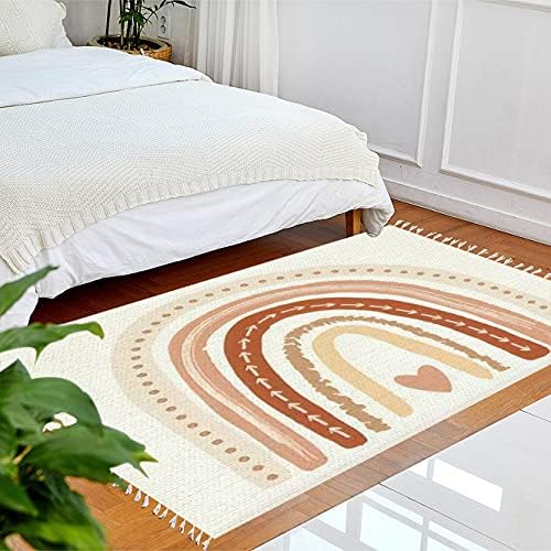 JBnjankdav Boho Rug Scandinavian משתלת הדפס קשת לחדר משחקים עם שטיח ניטרלי פטיו פטיו מסדרון כרית מחצלת כרית מינימליסטית