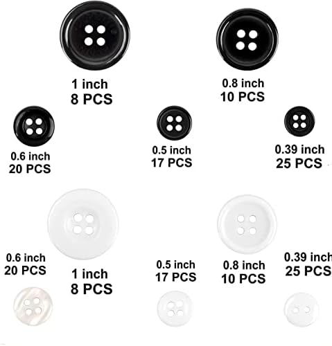 לחצני Lyper 158 PCS שחור לבן כפתור עגול לבן עגול כפתור רחב 4 חורים כפתור כפתור כפתורי מלאכת תפירת עם קופסת אחסון,