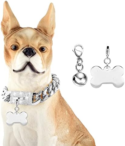 פרדוג שרשרת כסף צווארון כלבים עם אבזם יהלומים פעמון ועצם תג 15 ממ צווארוני שרשרת נירוסטה