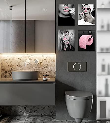 עיצוב קיר של Zaixko עיצוב קיר ורוד גלאם בד הדפסים סט של 4 אמנות קיר ממוסגרת עיצוב אמבטיה ורוד עיצוב אמבטיה מצחיק