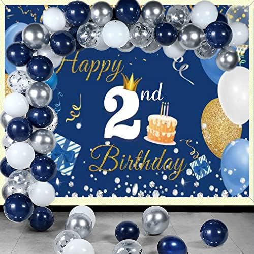 קישוטי יום הולדת 2 באנר רקע יום הולדת 2 שמח לבנים / בנות פוסטר שלט בד בן 2 שנים שמח, רקע תמונה כחול קישוט שולחן מסיבת