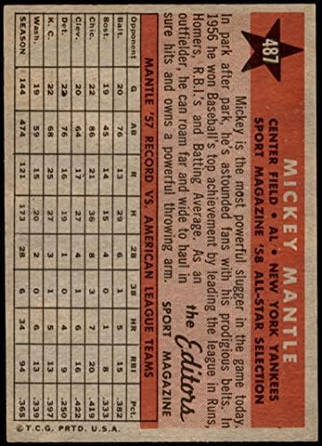 1958 Topps 487 All-Star Mickey Mantle New York Yankees Ex/Mt Yankees
