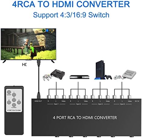 Azduou 4 av to hdmi, 1080p/720p 4 דרך RCA CVBS CVBS AV מעבר למתאם ממיר HDMI תמיכה 4: 3/16: 9 מיתוג, עבור SEGA Xbox PS1 PS2 PS3