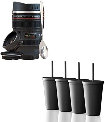 חבילה של כוסות שכבות! ספל קפה של עדשת מצלמה עם 2 מכסים וכף + 16 גרם כובבי קיר כפול שחור
