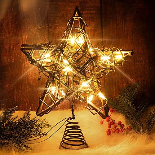 רוצינהא כפרית עץ חג המולד כוכב טופר עם 15 אורות LED וינטג 'ראטאן טופרי חג מולד לעצים טופר עץ כוכב חג המולד לקישוטים