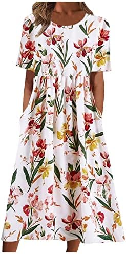 אופנת אביב נשים 2023, אופנה מזדמנת של נשים קיץ מודפסת שרוול קצר 2022 שמלת כיס O-צוואר