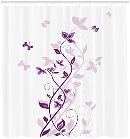 וילון מקלחת סגול של אמבסון, עץ סגול מערערת לילך פרסי פרחים עם פרפר נוי גרפיקה, תפאורה של אמבטיה בד בד עם ווים,