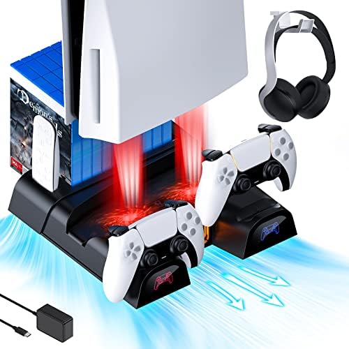 Nexigo PS5 אביזרים אנכיים אנכיים עם מחזיק אוזניות ומתאם AC, עבור PS5 דיסק ומהדורות דיגיטליות מטען בקרים כפולים, 3 רמות