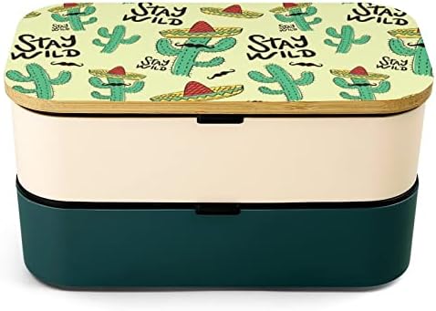 ציור קקטוס נשאר פראי שכבה כפולה קופסת ארוחת צהריים בנטו עם כלי אוכל לערימה מכולת כוללת 2 מכולות