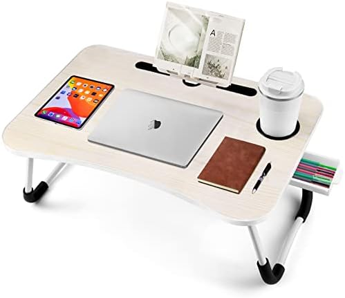 טייק שולחן הברכיים עם מגירת אחסון, שולחן מיטת מחשב נייד נייד עם רגליים מתקפלות ומחזיק כוסות, מגש שולחן מיטה לעבודה ושולחן