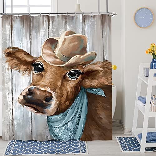 וילון מקלחת פרות פרה של Laifzere וילון מקלחת כפרית וילון מקלחת לחדר אמבטיה סט כפרי בקר בקר מערבי עץ מצחיק בד