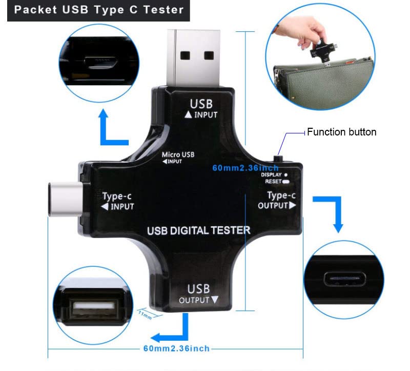 בדיקת USB וולט מד USB C בודק כבלים WATT מד דיגיטלי Multimeter Sense Monitor Monitor Amp Power Moniter Monitor Ganectage Ganectage