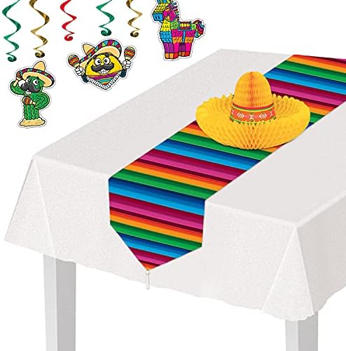 נייר מודפס של Beistle Serape Serape מקסיקני לקישוט נושא Cinco de Mayo Fiesta שולחן רץ שולחן, 11 x 6 ', זהב, כחול,