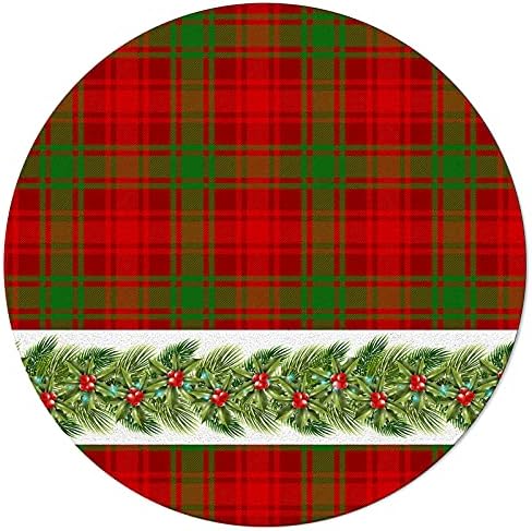שטיח שטח עגול גדול לחדר שינה בסלון, שטיחים ללא החלקה בגודל 3.3ft לחדר ילדים, חג המולד אדום ירוק באפלו משובץ
