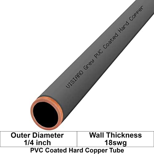 צינור נחושת קשיח מצופה Visiaro אפור PVC, 10ft, DIA חיצוני 1/4 אינץ ', עובי קיר 18 SWG, ציפוי PVC 2 ממ, חבילה של 1
