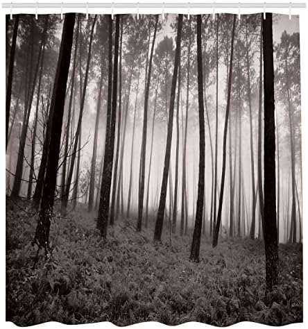 וילון מקלחת יער אמבסון, יער פנטזיה מיסטי תחת ערפל כבד עצים גבוהים שיחים בניגוד, סט עיצוב אמבטיה בד מבד עם ווים, 69 W x 84