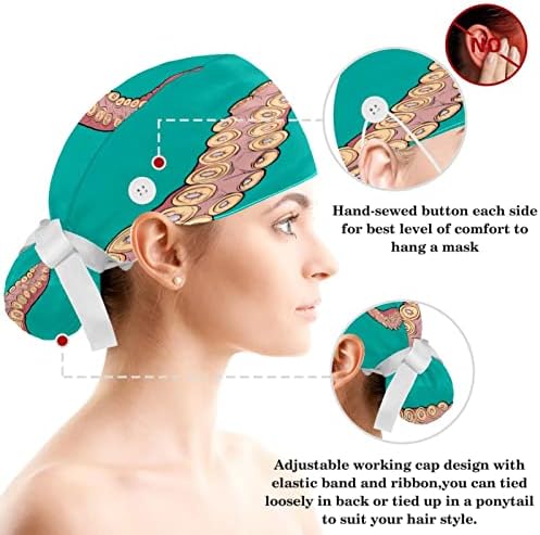 כובעי קרצוף של בופנט עם כפתורים רצועת זיעה וסרטי שיער כובעי בופנט כירורגיים לנשים, תמנון