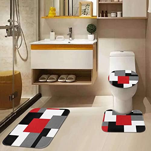 ערכות אמבטיה אדומות גיאומטריות עם וילון מקלחת ושטיחים ואביזרים, ערכות וילון מקלחת שחורות ואפור