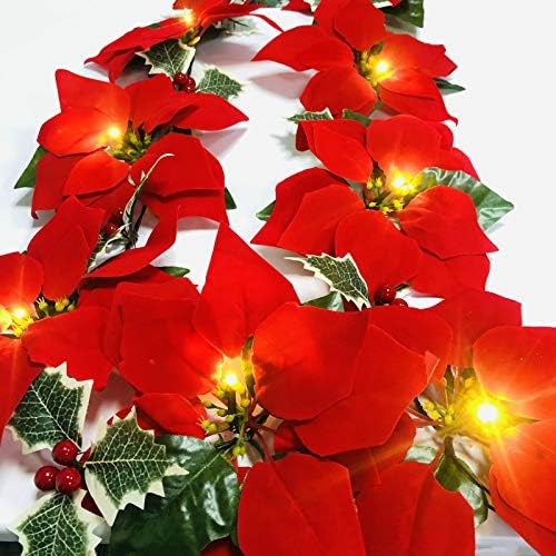 Sezrgiu מלאכותי poinsettia מיתר אור פרח אדום סוללת גפן גרלנד מופעלת לחג המולד לשנה החדשה קישוטים לחתונה לחתונה