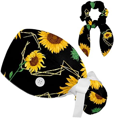 כובע קרצוף שחור גיאומטרי צהוב חמניות צהוב, כובע אחורי עניבה מתכוונן, כיסוי ראש עובד בגודל אחד לנשים שיער ארוך