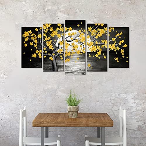 צהוב ואפור פרח עץ ציור הדפסי קיר תפאורה מלא ירח דובדבן פריחת פרחוני נוף תמונות סלון חדר שינה דקור, ממוסגר
