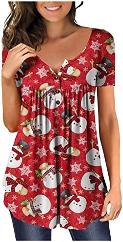 טייז חג המולד של Xipcokm לנשים כפתור חולצות מזדמנים שרוול קצר V חולצת טריקו צוואר מסתיר בטן צמרות טוניקה זורמות רופפות