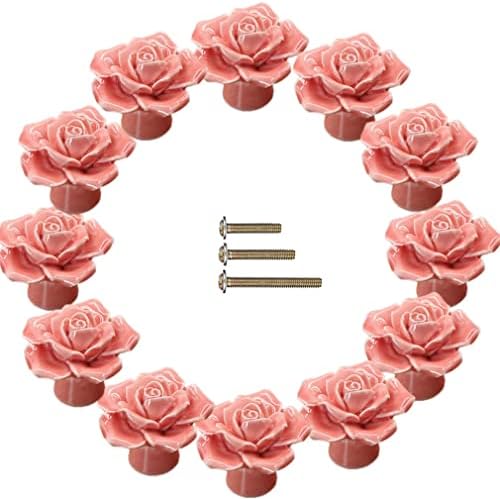 Esreake 12 חבילות ורדים ידיות קרמיקה, פרח ורד קרמיקה וינטג 'מושך ארון מטבח שולחן איפור שיבוש ידיות עם 3 ברגים