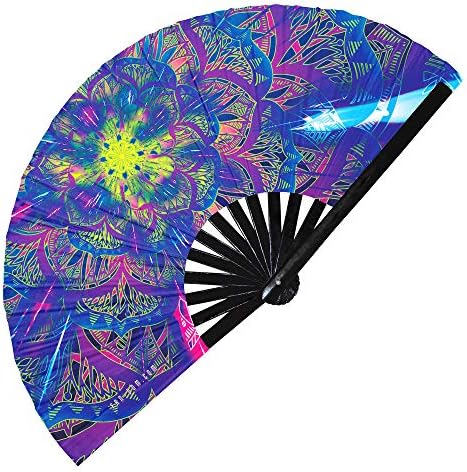 Hypnotiq Mandala Fan Fan Decortative Bamboo Fan מתקפל Totem Art Mandala Clack Fan Uv Glow Rave Fans