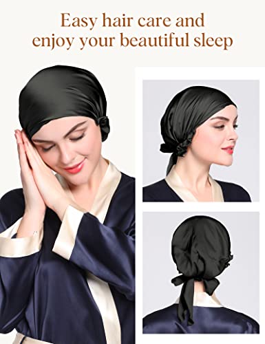 Lilysilk שחור משי כובע שינה לשיער נמתח-לילה- לנשים 100 מכסה משי אמיתי מכסה שינה- לתלתלים