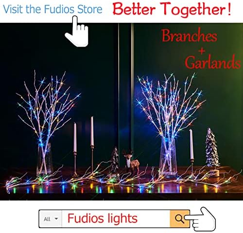 פודיוס ענפי ליבנה לבנים מוארים עם 100 אורות פיות LED רב -צבעוניים 36in 8 פיתוח