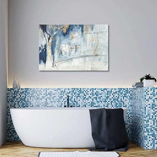 7 אמנות אינדיגו כחול וזהב מופשט קיר אמנות ציורי בד תמונות קיר תפאורה ממוסגר יצירות אמנות לחדר שינה סלון מטבח משרד בית
