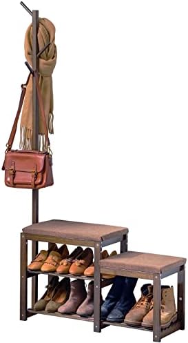 ספסל נעלי במבוק רב תפקודי של יונגז ' או עם מושב כרית פשתן ומתלה מעילים בצורת עץ, מתלה נעליים ומעיל 3 קומות לכניסה,