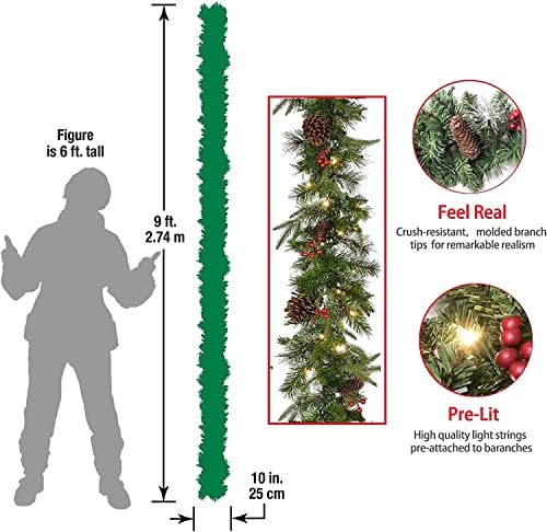 זר חג המולד המלאכותי לפני מואר, ירוק, אורות לבנים 50, מעוטר באונוסי אורן, אשכולות פירות יער, קישורים, קישוטים לחג המולד, 9 רגל