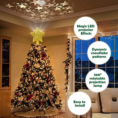 טופר עץ חג המולד, טופר עץ חג המולד של קסם כוכב מואר עם קסם תלת מימד סיבוב LED נצנצים חלולים נצנצים טופרים לעץ לחג