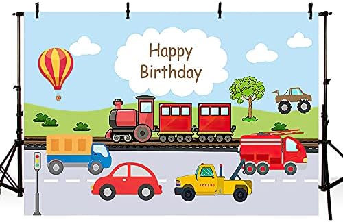 אבלין 8 * 6 רגל ילד יום הולדת שמח רקע נושא תחבורה אדום רכבת קרוואן רכב אש משאית אוויר חם בלון כחול שמיים רקע מסיבת